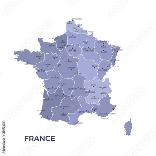 Map of FRANCE with Regions Borders and Famous Cities