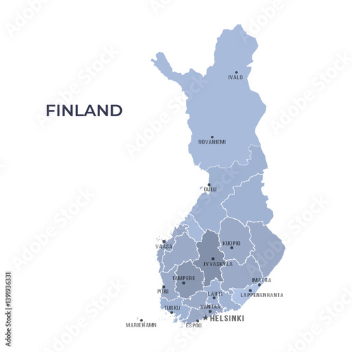Map of FINLAND with Regions Borders and Famous Cities