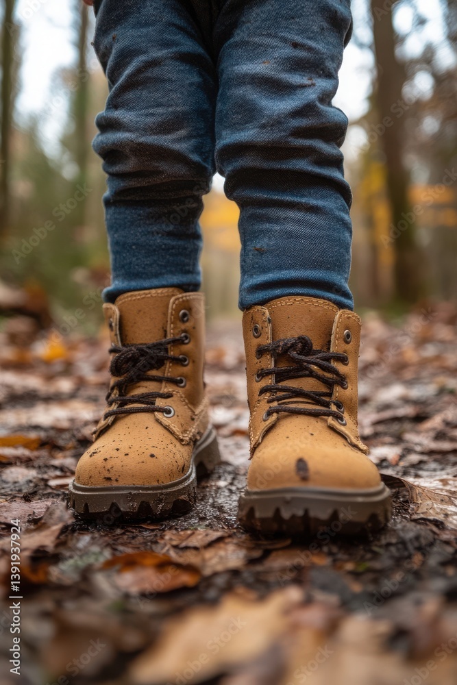 Young toddler exploring a forest path with curiosity in small boots Young toddler exploring a forest path with curiosity in small boots