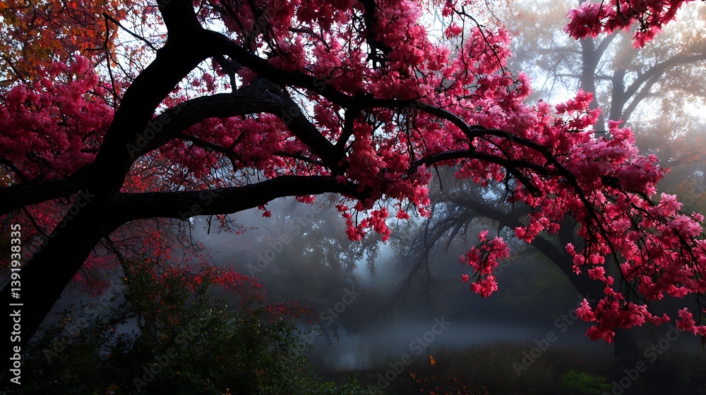 Pink Blossom Mystique Foggy Autumn Forest Dream. Pink Blossom Mystique Foggy Autumn Forest Dream.