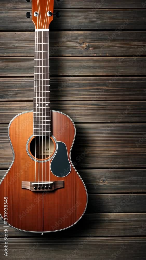 Acoustic guitar displayed on wooden surface highlighting craftsmanship and design for music enthusiasts to appreciate