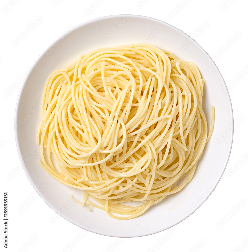 Overhead shot shows perfectly cooked spaghetti nestling on a white plate against a bright white background. AI Generated Overhead shot shows perfectly cooked spaghetti nestling on a white plate against a bright white background. AI Generated