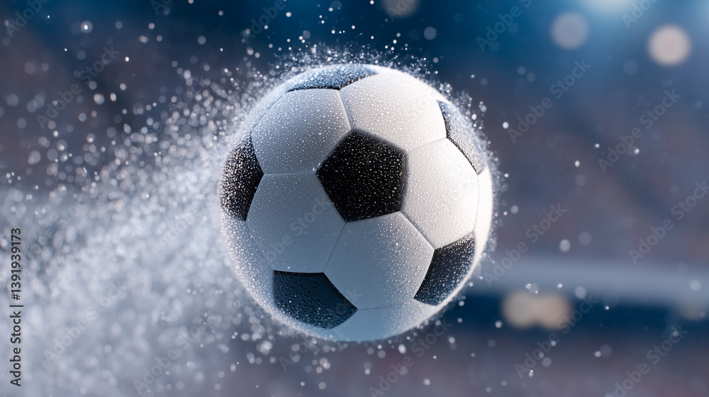 Fototapeta premium Dynamic flying soccer ball splashing water under soft top light in motion blur on sports field background