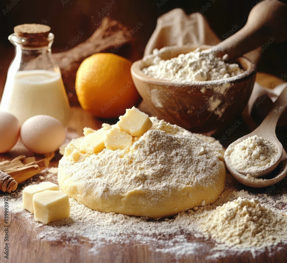Rustic baking setup with dough and fresh ingredients on a wooden table. Rustic baking setup with dough and fresh ingredients on a wooden table.