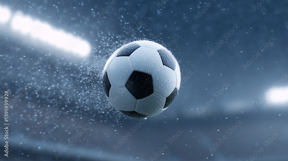 Fototapeta premium Dynamic flying soccer ball splashing water under soft top light in motion blur on sports field background