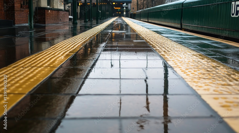 Fototapeta premium Reflections on a Wet Train Platform: A Study in Urban Texture
