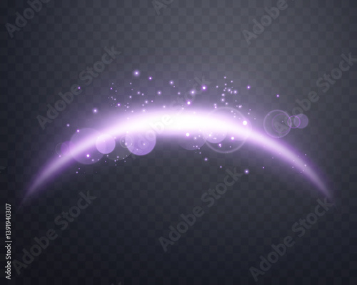 Purple magic arch with sunlight lens flare. Neon realistic energy flare arch. Abstract light effect on a transparent background. Vector illustration.