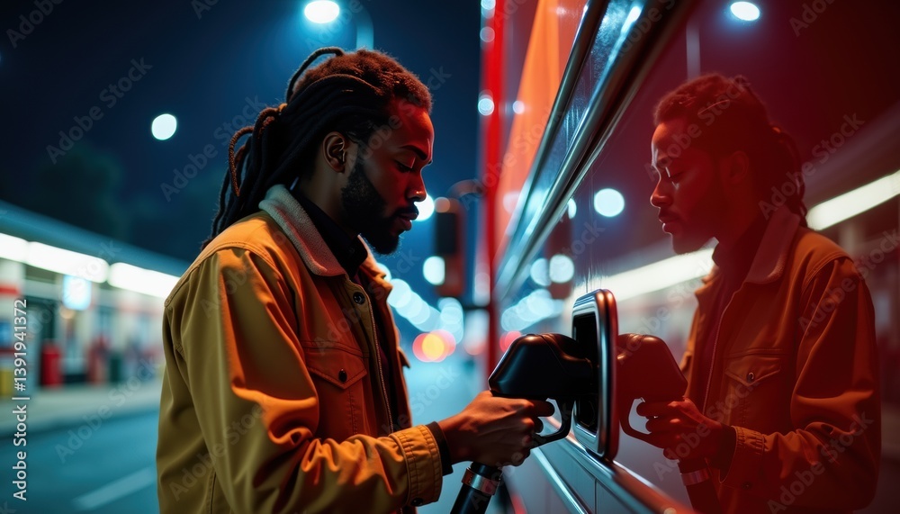 Fototapeta premium Nighttime urban electric vehicle charging with focused young man and reflections