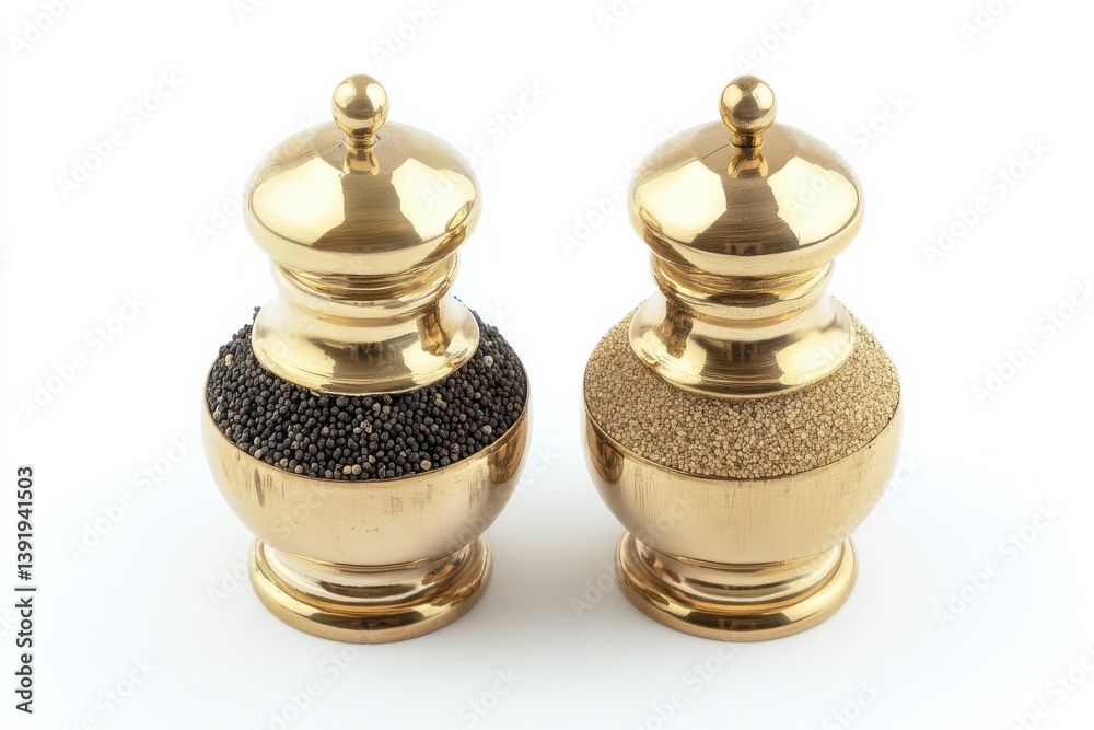 Elegant gold spice jars filled with black and beige seeds gleaming on white background luxurious isolated on transparent background