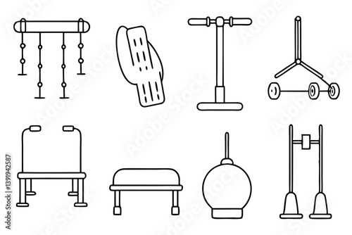 Physiotherapy Equip Line Art Comprehensive Set of Rehab Equipment.eps