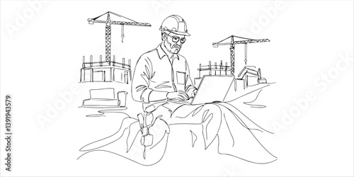 A construction worker works on a construction site on a laptop