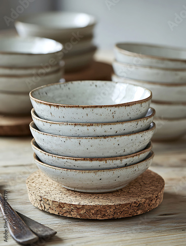Stack of speckled ceramic bowls with a warm toned rim resting on a cork coaster with a blurred background.