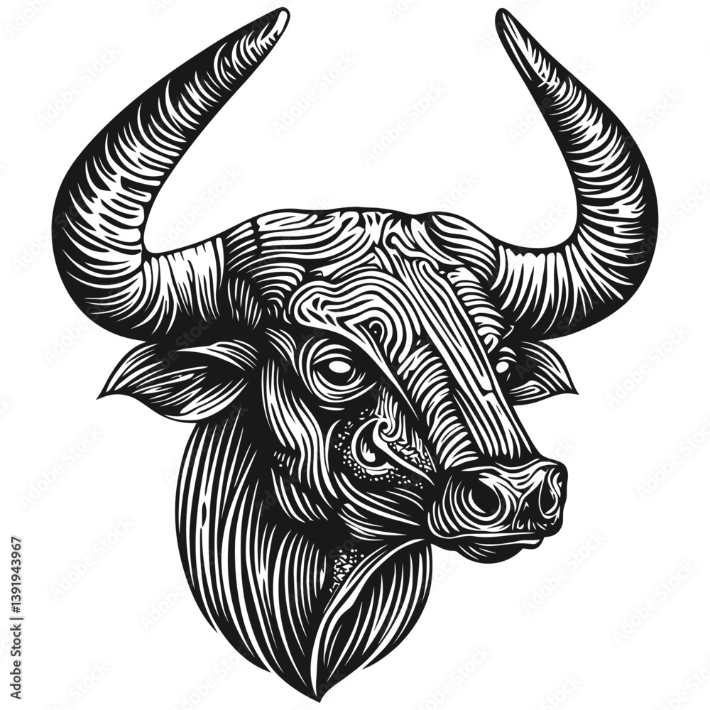 Obraz premium Detailed Vector Illustration of a Bull Head with Intricate Lines