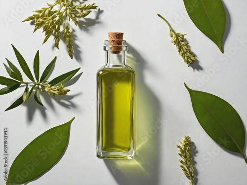a small clear glass bottle filled with cajeput oil