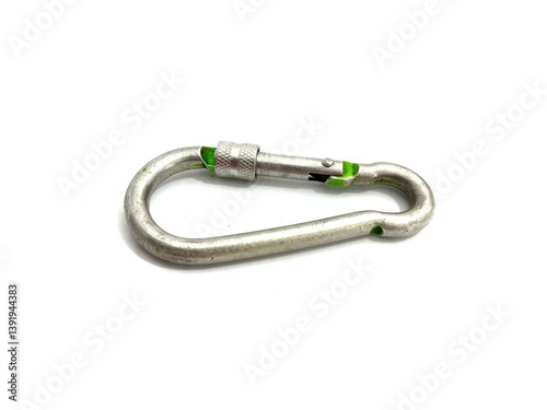Metal carabiner hook with screw lock isolated on white background. Durable climbing and utility gear, ideal for outdoor, hiking, keychain, and safety equipment themes