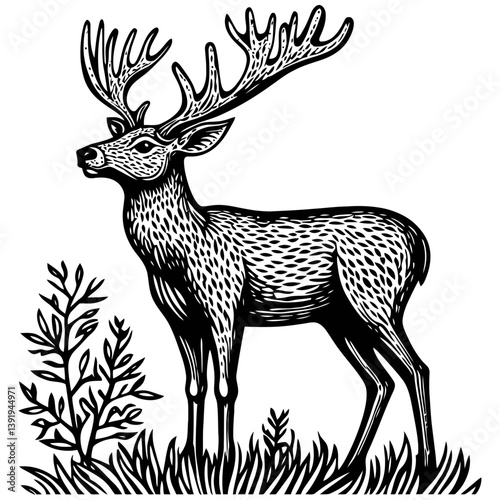 Detailed Vector Illustration of a Majestic Stag in Natural Habitat