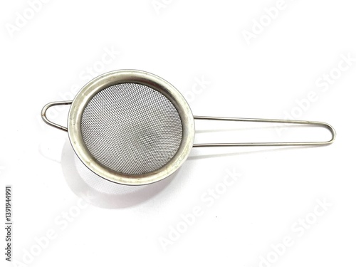 Metal mesh strainer made of stainless steel, perfect for kitchen use such as tea, flour, or cooking preparation. Isolated on white background