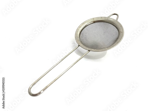 Metal mesh strainer made of stainless steel, perfect for kitchen use such as tea, flour, or cooking preparation. Isolated on white background