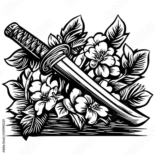Artistic Vector Illustration of Knife and Floral Design Elements