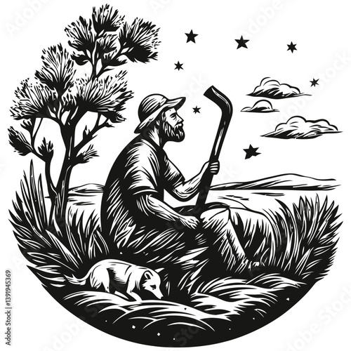 Vintage Style Vector Illustration of a Man Gazing at the Stars