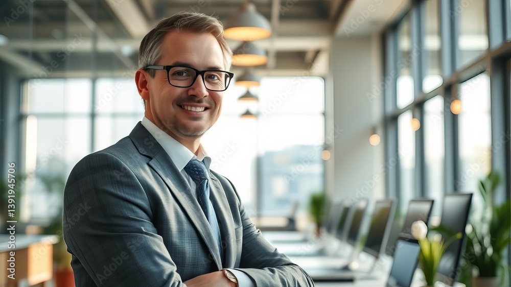Fototapeta premium Confident Businessman Smiling in Modern Office Workspace