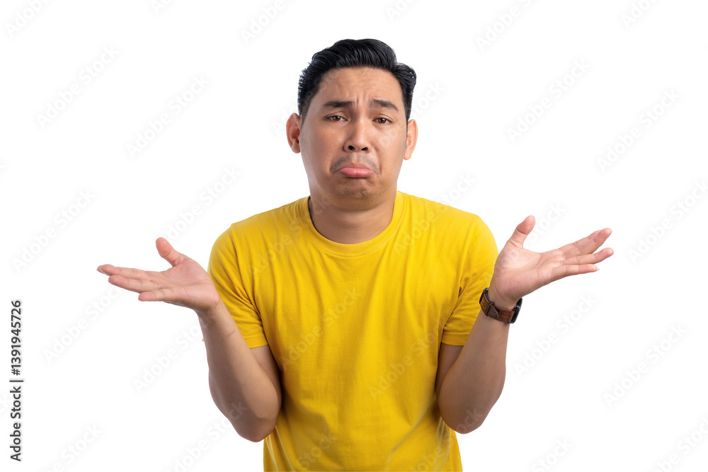 I don't know. Handsome Asian man shrugging shoulders with confused facial expression isolated on transparent background I don't know. Handsome Asian man shrugging shoulders with confused facial expression isolated on transparent background