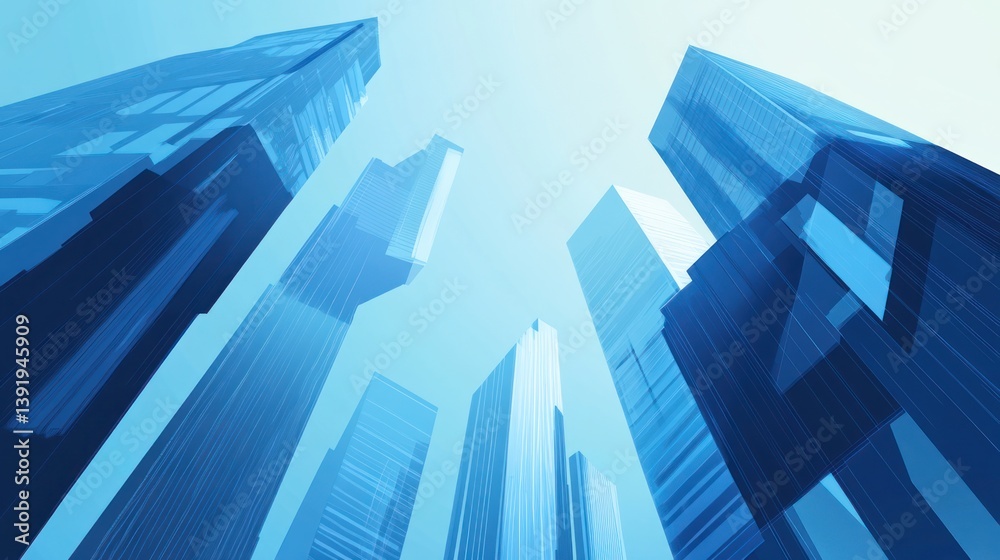 Low-angle view of futuristic skyscrapers, city, modern architecture, urban landscape, illustration Low-angle view of futuristic skyscrapers, city, modern architecture, urban landscape, illustration