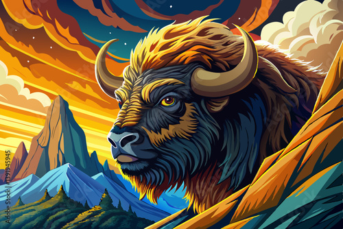 Bison portrait on an alien rock formation desert under a strange colored sky, animal banner