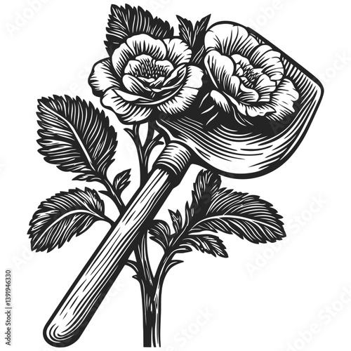 Vintage Gardening Illustration with Roses and Trowel Design