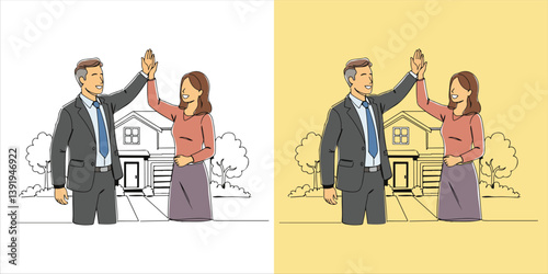 A real estate agent enthusiastically shares a celebratory high five with a client, marking the success of their new home purchase or rental and highlighting their satisfaction and excitement.
