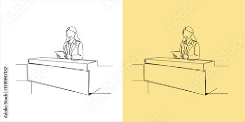 A female receptionist stands attentively behind the reception desk, holding a digital tablet in her hands, ready to assist visitors with efficiency and professionalism in a modern workplace setting