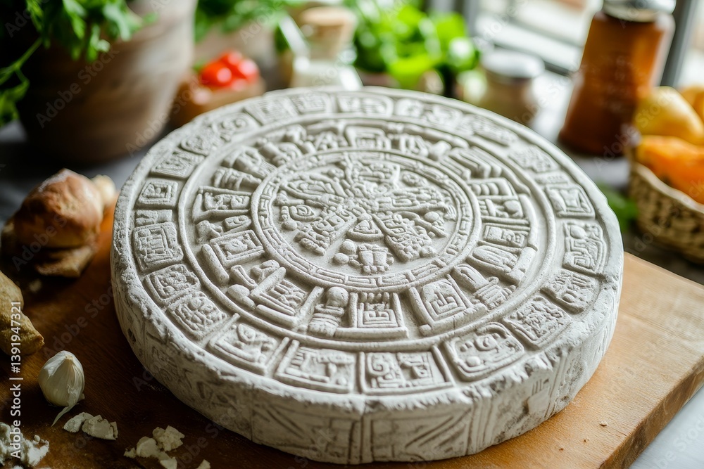 Obraz premium Round cheese with intricate design sits on a wooden board surrounded by produce.