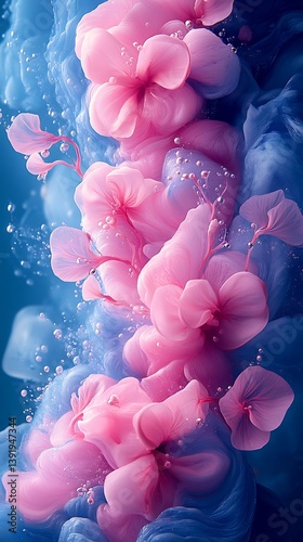 Underwater Floral Phone Wallpaper  Pink Flowers Surrounded by Swirling Blue Water & Bubbles | Aesthetic Vertical Mobile Background

