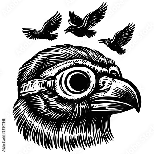 Detailed Vintage Style Illustration of Bird with Eye Goggles and Flight