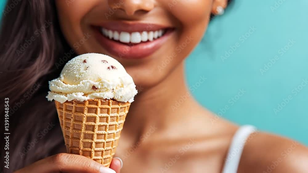 Joyful woman enjoying a delicious ice cream cone in bright surroundings on a sunny day Joyful woman enjoying a delicious ice cream cone in bright surroundings on a sunny day