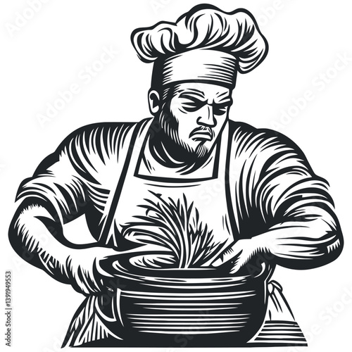 Skilled Chef Preparing Ingredients in Vintage Cartoon Style Art