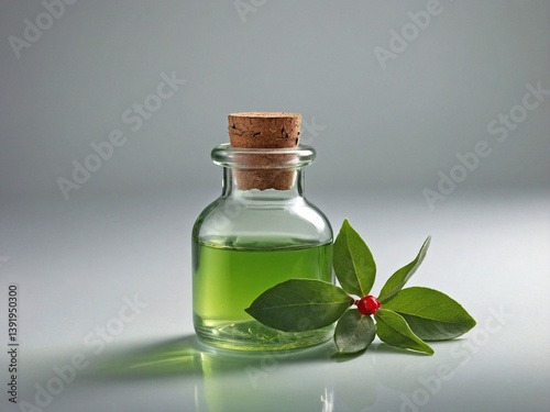 a transparent bottle containing light-colored wintergreen oil