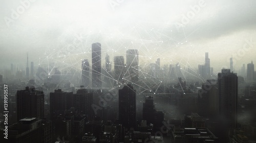 Foggy city skyline, connecting network, aerial view, urban landscape, illustration,  futuristic concept, possible use for tech articles, background photo