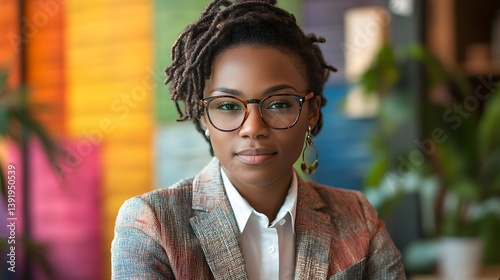 confident businessperson with a tablet standing in a professional office environment with a modern workplace background formal style and a composed executive expression