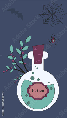 Vector illustration. Magic, witchcraft, Halloween. Potion, poison, bottle, spider, belladonna. For stories, banners, cards