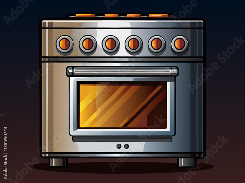 A high-quality vector graphic of an elegant stainless steel oven with a minimalist design, set against a solid black background.
