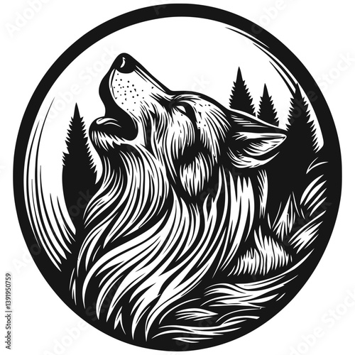 Howling Wolf Illustration in Circular Nature Scene Vector Art