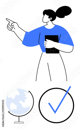 Confident woman pointing confidently while holding a tablet, globe symbol, and checkmark enclosing progress. Ideal for education, leadership, learning, strategy, goals, global reach achievement
