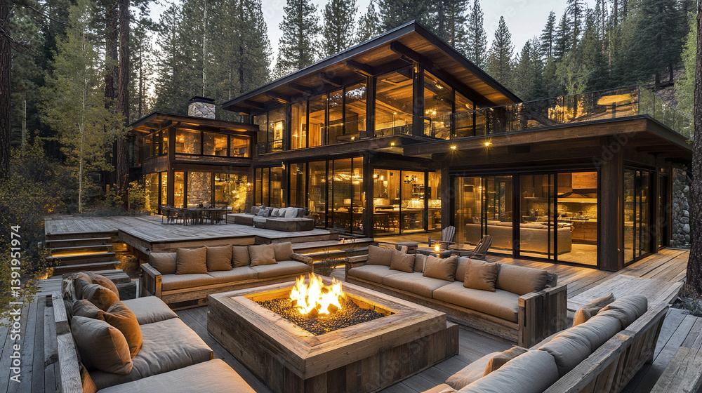 Obraz premium modern forest edge resort home with wraparound glass windows and cozy outdoor seating