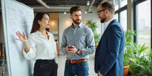 Modern office area inside room, group people goals. Asian ethnic women exam, person find new staff life roles, focus work tasks debate Manager plan idea. Gen z y chat Team up advice Formal suit indoor