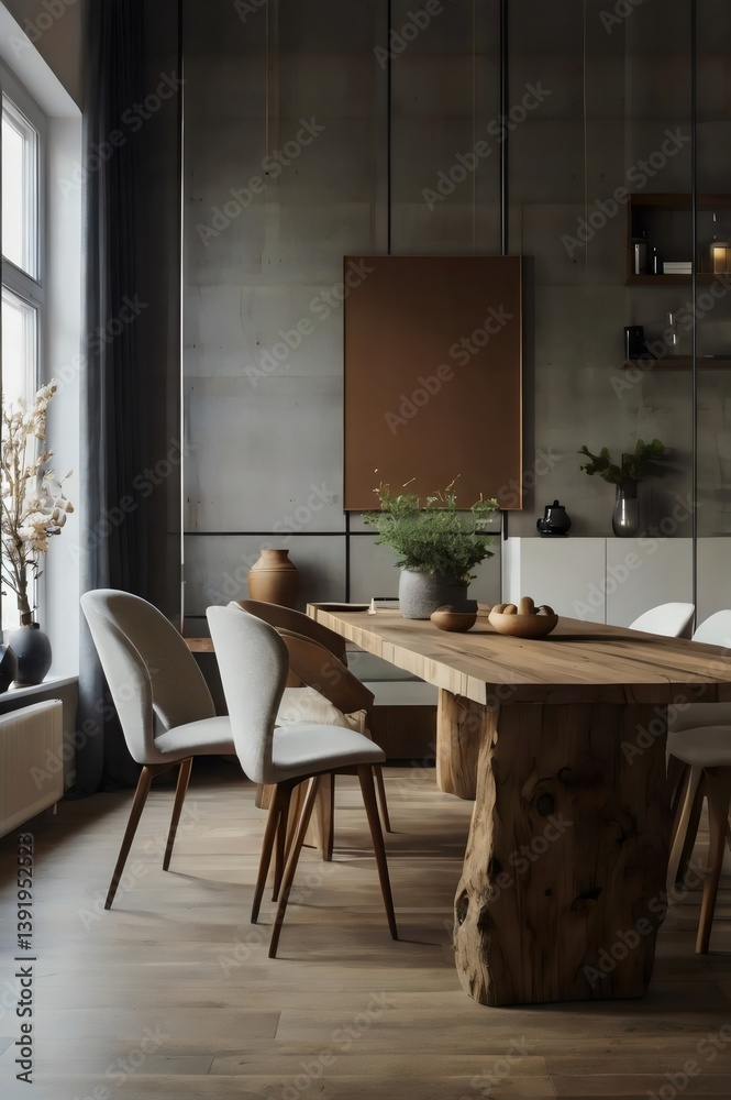 A modern, minimalist dining room with a wooden table and chairs A modern, minimalist dining room with a wooden table and chairs