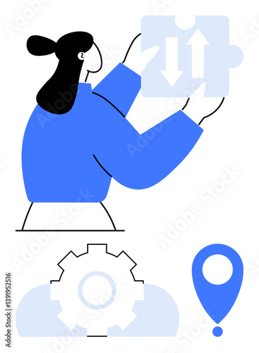 Female figure fitting puzzle piece with up and down arrows. Gear below and location pin convey problem-solving, strategy, cooperation. Ideal for workflow, logistics, teamwork, innovation, operations