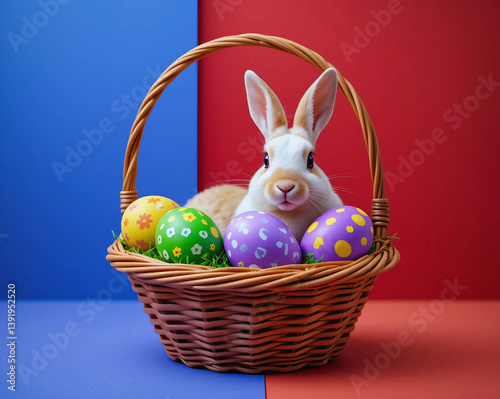 A bunny peeking out from a wicker Easter basket filled with boldly patterned eggs