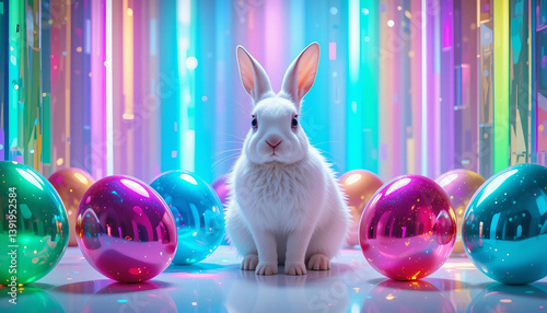 A white rabbit surrounded by crystal prisms creating rainbow light