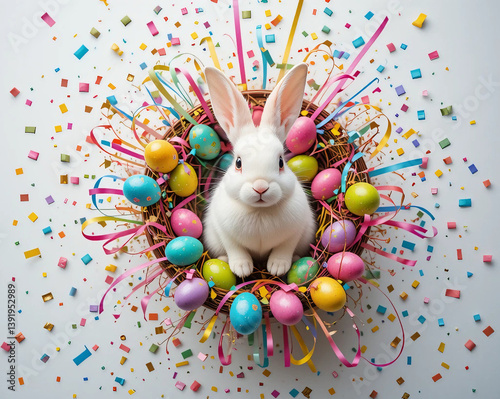 A top-down view of a white bunny sitting in the center of an exploding Easter basket